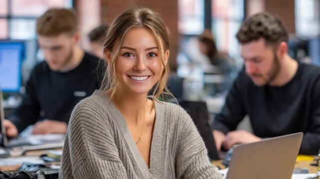 Serene Professional: A smiling woman at her desk, engrossed in her computer, embodies modern workplace efficiency and approachability.