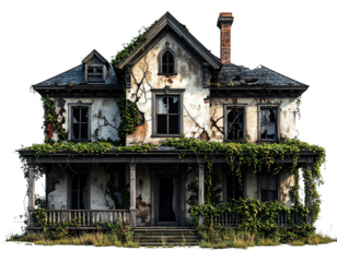  Abandoned Haunted Mansion with Broken Windows, Front View, Isolated PNG for Halloween