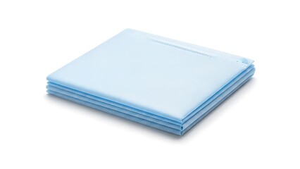 A stack of light blue square cloths on a white background viewed from above
