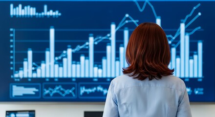 A woman with red hair looks at a large screen displaying financial charts and graphs, representing data analysis and business intelligence