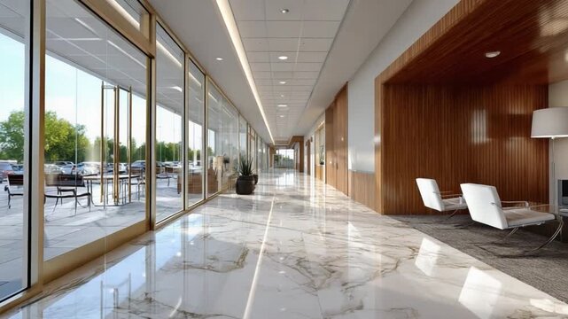 Elegant Corporate Corridor: A sleek, modern office corridor featuring floor-to-ceiling glass windows and luxurious marble flooring, creating a sense of openness and sophistication.