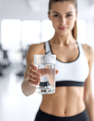 Close-up of a transparent glass filled with fresh water, soft blur showing a toned female athlete in activewear standing in a fitness gym, premium water advertisement