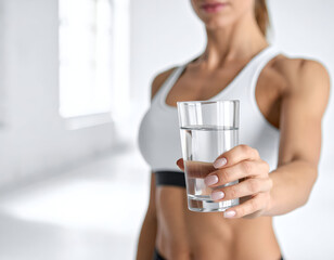 Close-up of a transparent glass filled with fresh water, soft blur showing a toned female athlete in activewear standing in a fitness gym, premium water advertisement