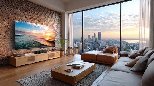 Luxury Living Room with City View: A modern, sunlit living room boasts a panoramic cityscape viewed from expansive windows.