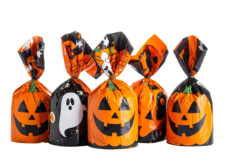 Halloween Wrapped Candy Set with Pumpkin and Ghost Designs, Isolated on Transparent Background 