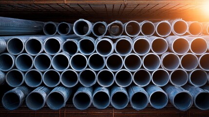 Close-up of stacked metallic tubes with visible interior and strong sunlight coming in from the top right