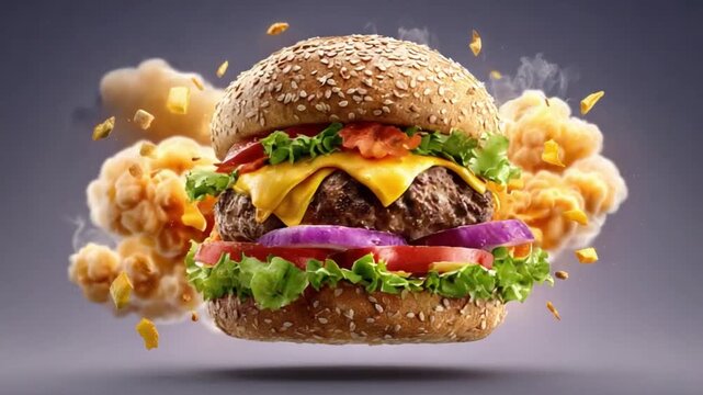 Juicy Burger Delight: An artfully constructed burger, with a tantalizing blend of fresh ingredients, offering a visual feast of flavors. It's a symphony of textures and tastes in every element.