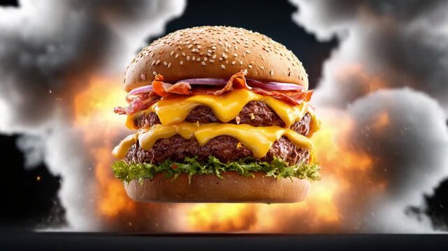 Explosive Burger: A mouthwatering double-decker burger, overloaded with savory toppings, appears amidst a dramatic explosion, a feast for the eyes and the appetite.
