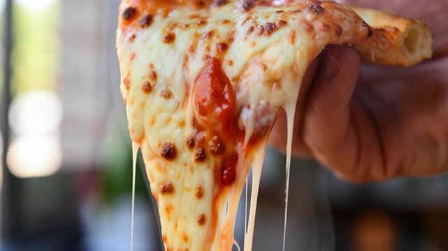 A close-up photo of a hand lifting a slice of Margherita-style pizza, featuring thick melted mozzarella cheese stretching in long gooey strings, a fresh tomato slice on top, charred crust edges