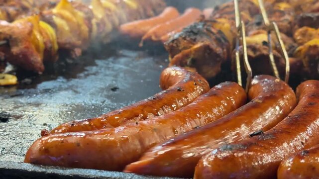 Juicy sausages sizzling on grill with smoke and flames in dark barbecue atmosphere