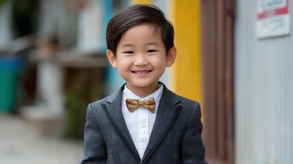 Young Gentleman's Portrait: An adorable young boy, dressed in a smart suit and a charming bow tie, smiles with genuine happiness, capturing the essence of youthful elegance.