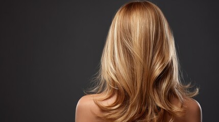Naklejka premium Back view of a woman with long, healthy blonde hair flowing naturally, showcasing shiny, well-groomed locks in soft natural light, highlighting hair care and beauty