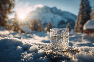 Glass of water on snowy ground with mountains in background during sunset at a winter landscape