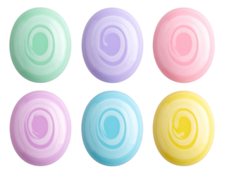 Pastel Oval Candy Set with Swirled Patterns, Isolated on Transparent Background 