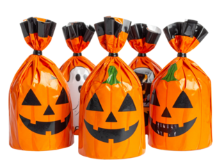 Halloween Wrapped Candy Set with Pumpkin and Ghost Designs, Isolated on Transparent Background