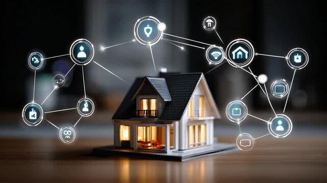 Smart Home Technology: A miniature house model, at the heart of the image, is interwoven with a network of digital icons representing home automation and technological integration.