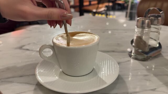 Hand of man stir a coffee in cup, Coffee cup on brick backgrouds, Slow motion of hand hold spoon to stir a latte art coffee.