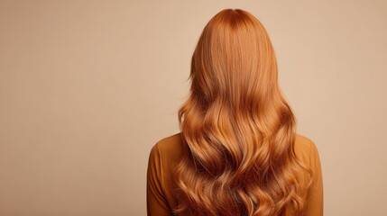 Fototapeta premium Beautiful woman with long orange hair seen from back on soft beige background, showcasing natural beauty, vibrant hair color, elegance, and minimalist studio portrait style