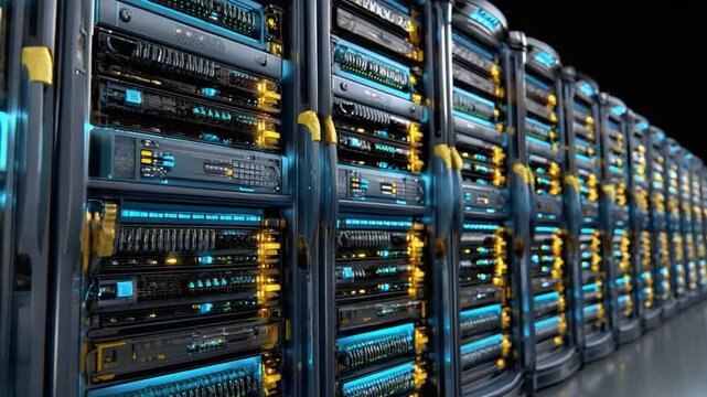 Data Fortress: A close-up view of a vast server room, housing rows of high-tech server racks, conveying the scale of modern data centers and the complexity of information storage.