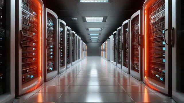 Data Center Precision: A modern data center, showcasing a symmetrical row of servers, illuminates with a technological aura. This image epitomizes efficiency and the digital age.