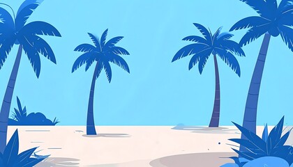 Fototapeta premium Cartoon depiction of a beach with palm trees in shades of blue and white