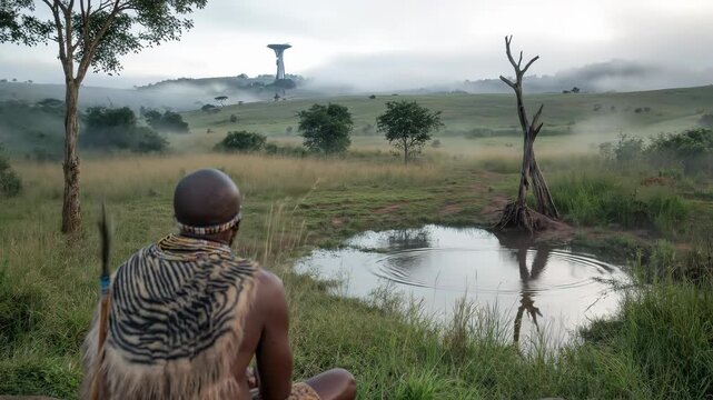 Zulu warrior wearing traditional tribal attire, sitting peacefully beside a still pond with ripples, observing the misty African savanna landscape and a futuristic structure in the distance at dawn.