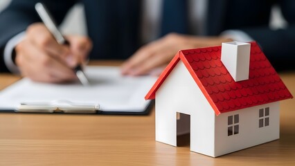 Signing real estate documents beside a model house