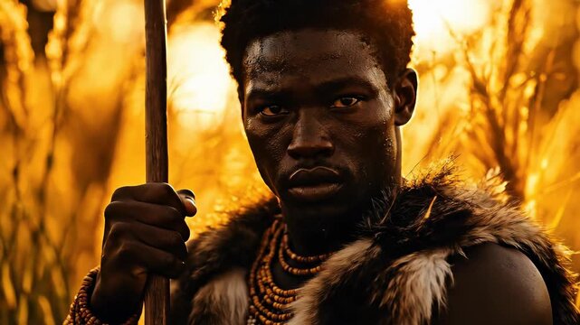 Strong young Zulu man holding a wooden staff, standing confidently in sunlit golden grassland, adorned with elaborate beaded necklace and fur cloak.