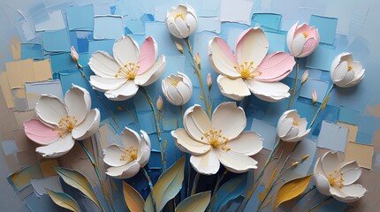 Abstract impasto oil painting: white spring flowers with pink accents on textured blue. Palette-knife strokes create 3D effect. Mosaic background, soft light, modern floral abstraction. Wallart.