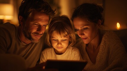 Family planning savings using AI budgeting app on tablet, warm cinematic lighting