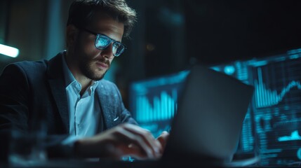 Financial analyst building AI models on laptop, dark cinematic professional tone