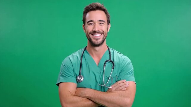 Confident Healthcare Professional: A friendly and approachable healthcare professional in medical attire, with a stethoscope, exuding confidence against a clean, uncluttered backdrop.