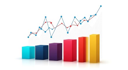 3d bar chart and line graph showing upward trend and data analysis, isolated on white background