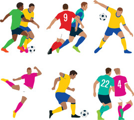 Six diverse soccer players in action with soccer balls on white background Keywords: soccer, football, players, athletes, sport