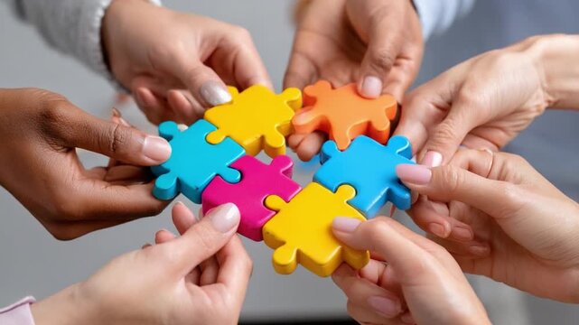 Unity and Collaboration: Close-up shot showcases diverse hands working together to assemble puzzle pieces, symbolizing teamwork, problem-solving, and unity.