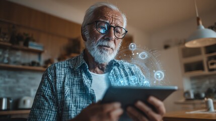 Senior man using tablet for AI health monitoring at smart home, IoT devices, realistic cinematic lifestyle