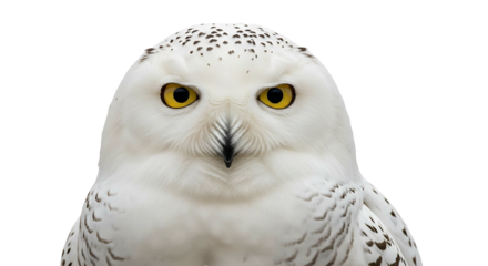 Snowy Owl Staring Intently with Yellow Eyes and White Feathers.