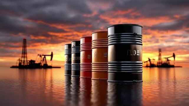 Oil Barrels: A captivating scene featuring rows of oil barrels floating on tranquil water, set against a stunning sunset with oil rigs in the background. It represents industry