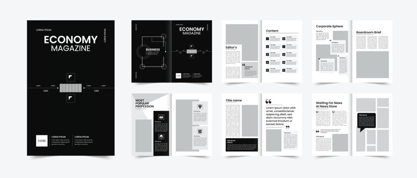 Modern economy business magazine design with minimalist monochrome layouts and professional editorial presentation style