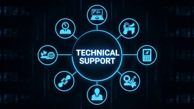 Digital technical support interface with glowing blue network icons