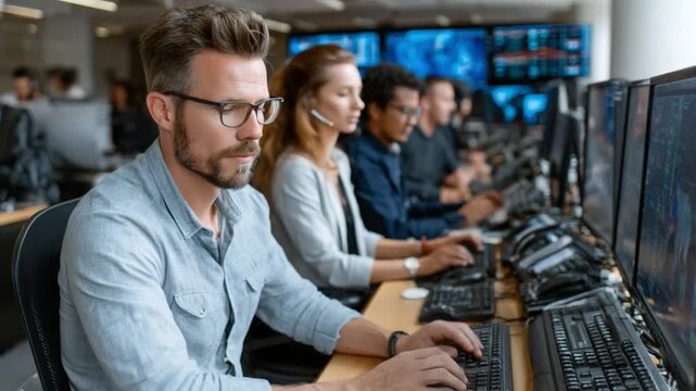 Focused IT Team: A dedicated team, immersed in a high-tech work environment, collaborates intently. They are united by a common goal: tackling complex issues and propelling the world forward.