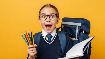 Excited young student with backpack and school supplies