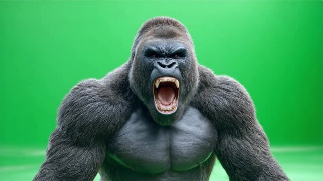 Majestic Gorilla's Roar: A powerful gorilla, its mouth wide open in a fierce roar, showcases the raw strength and untamed spirit of the primate world.
