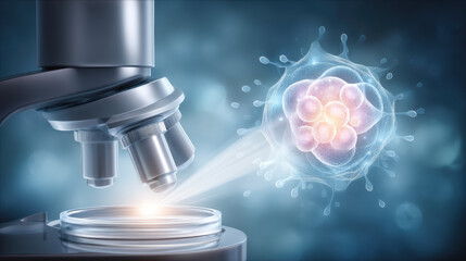 Microscope cell culture medical technology analysis glowing embryo under lens emotional discovery