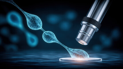 Medical technology petri dish with microscope and glowing neural cell network illustrating