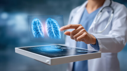 Doctor examines holographic lung scan medical technology display with futuristic diagnostic