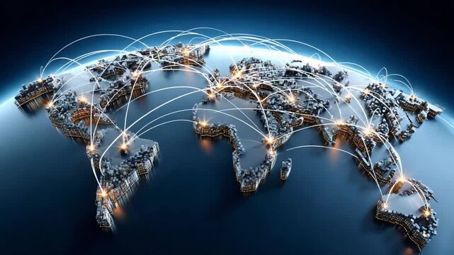 Global Connection: A visual representation of global interconnectedness, highlighting the world's continents interwoven with pathways of communication and exchange.