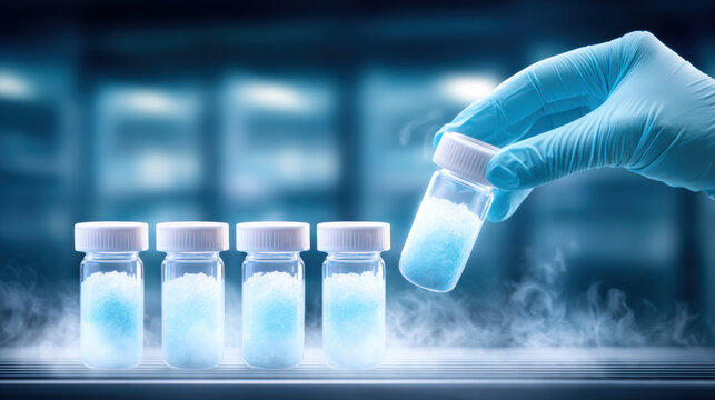 Cryogenic lab sample vials medical technology research with frozen blue reagent in glove