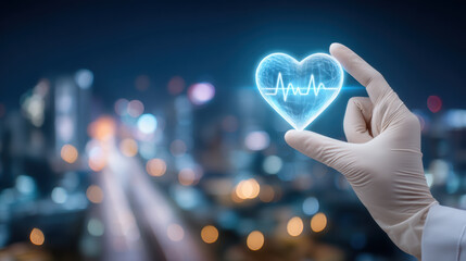 Medical technology heart hologram held by gloved hand showing heartbeat across city night skyline
