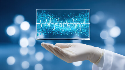 Medical technology doctor gloved hand holding transparent display with heartbeat waveform